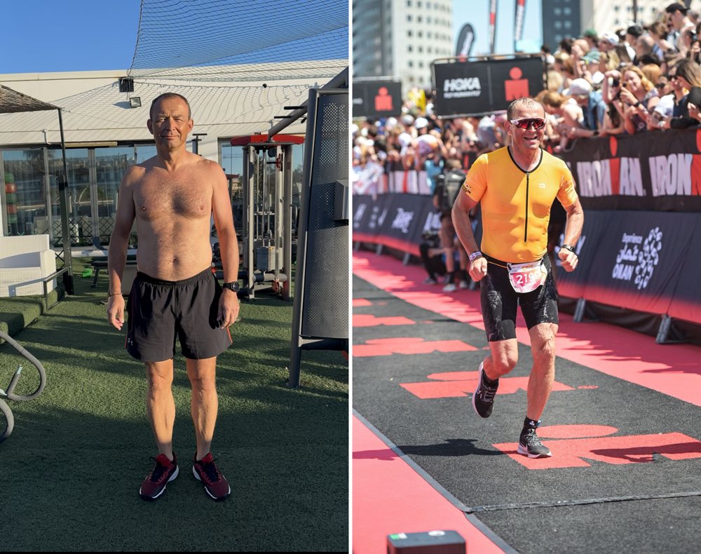 Dave, before, and finishing an Ironman 70.3